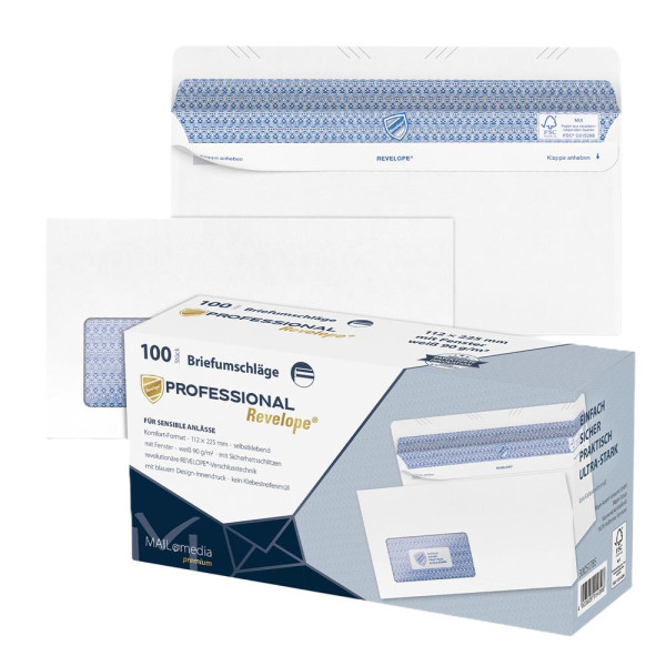 100 MAILmedia® Briefumschläge Revelope® Prof. DIN lang+ mit Fenster 90 g/m² selbstklebend