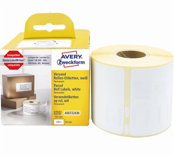 AVERY Zweckform Etikettenrolle AS0722430 mit 220 Einzeletiketten 54 x 101 mm weiß