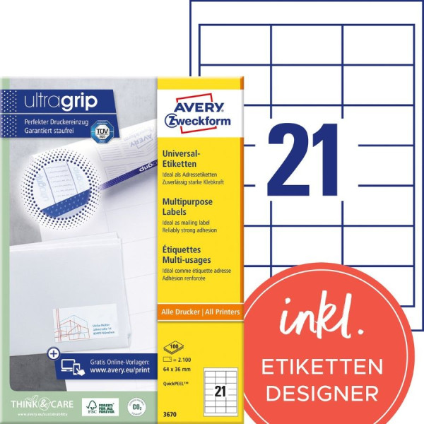 2100 AVERY® Zweckform Universal-Etiketten 3670 weiß 64 x 36 mm