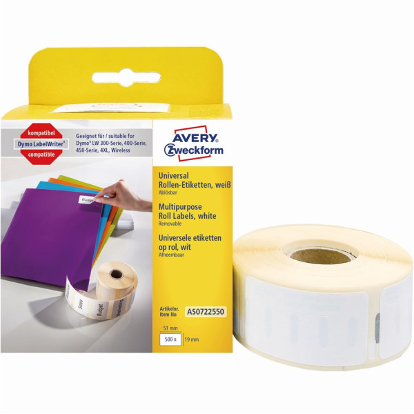 AVERY Zweckform Etikettenrolle AS0722550 mit 500 Einzeletiketten 19 x 51 mm weiß
