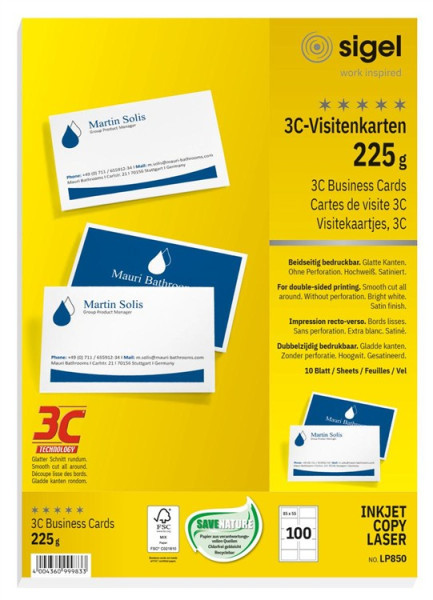 100 sigel Visitenkarten LP850 hochweiß 225 g/m² satiniert 85 x 55 mm