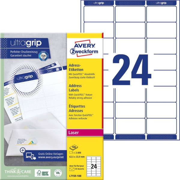 2400 AVERY® Zweckform Adress-Etiketten L7159-100 weiß 63,5 x 33,9 mm