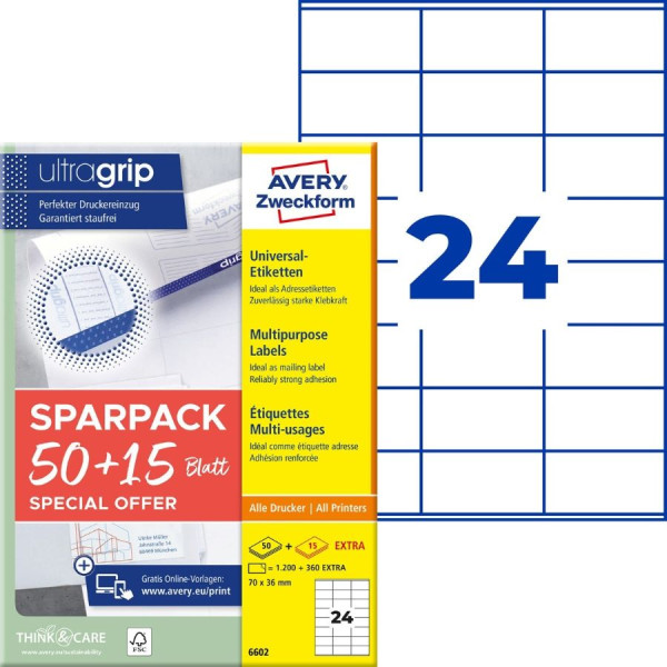 1560 AVERY® Zweckform Universal-Etiketten 6602 weiß 70 x 36 mm