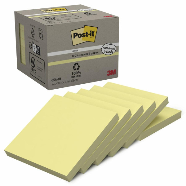 Post-it® Haftnotizen Recycling Notes 654-1B gelb 76 x 76 mm 6 x 100 Blatt
