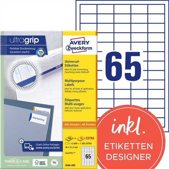 14300 AVERY® Zweckform Universal-Etiketten 3666-200 weiß 38 x 21,2 mm