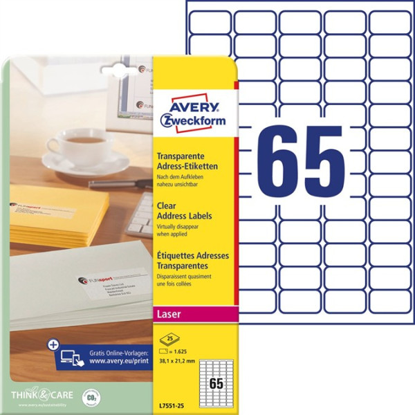 1625 AVERY® Zweckform Adress-Etiketten L7551-25 transparent 38,1 x 21,2 mm