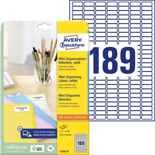 4725 AVERY® Zweckform Universal-Etiketten L7658-25 weiß 25,4 x 10 mm