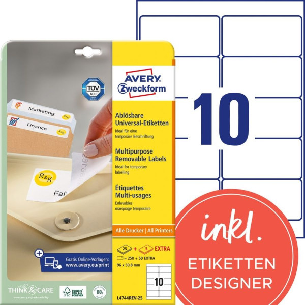 300 AVERY® Zweckform Universal-Etiketten L4744REV-25 weiß 96 x 50,8 mm ablösbar