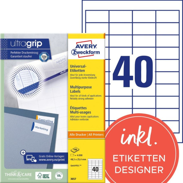 4000 AVERY® Zweckform Universal-Etiketten 3657 weiß 48,5 x 25,4 mm