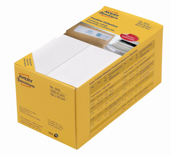 1000 AVERY Zweckform Frankieretiketten 3433 weiß 163 x 43 mm
