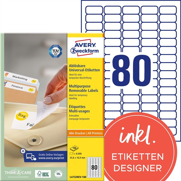 8000 AVERY® Zweckform Universal-Etiketten L4732REV-100 weiß 35,6 x 16,9 mm