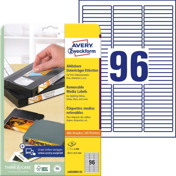 2400 AVERY® Zweckform Datenträger-Etiketten L6022REV-25 weiß 63,5 x 8,5 mm ablösbar