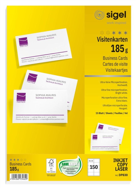 150 sigel Visitenkarten DP830 hochweiß 185 g/m² matt 85 x 55 mm