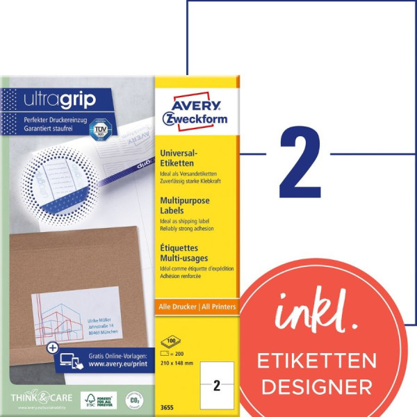 200 AVERY® Zweckform Universal-Etiketten 3655 weiß 210 x 148 mm