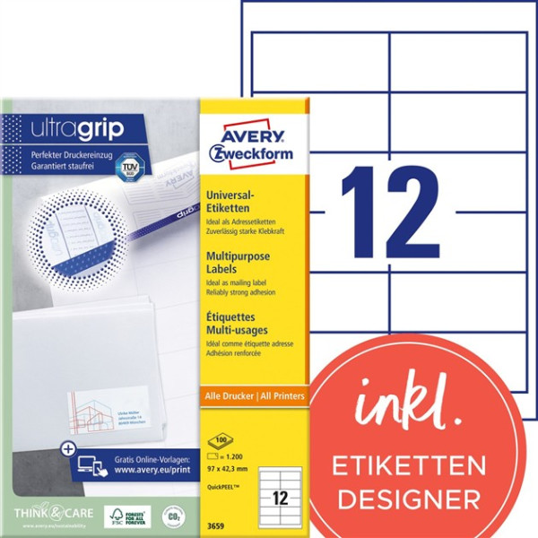 1200 AVERY® Zweckform Universal-Etiketten 3659 weiß 97 x 42,3 mm