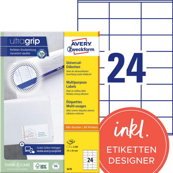 2400 AVERY® Zweckform Universal-Etiketten 3475 weiß 70 x 36 mm