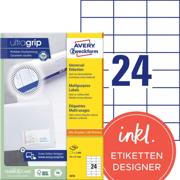 2400 AVERY® Zweckform Universal-Etiketten 3474 weiß 70 x 37 mm