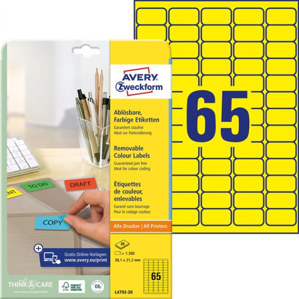 1300 AVERY® Zweckform Universal-Etiketten L4793-20 gelb 38,1 x 21,2 mm