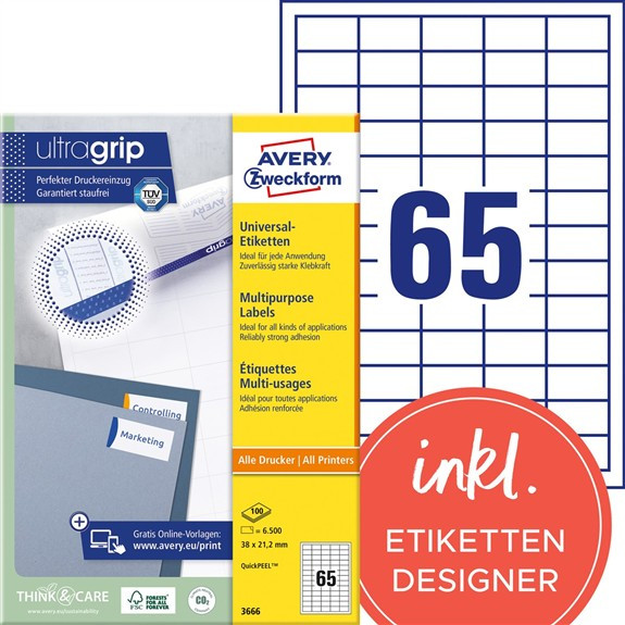 6500 AVERY® Zweckform Universal-Etiketten 3666 weiß 38 x 21,2 mm