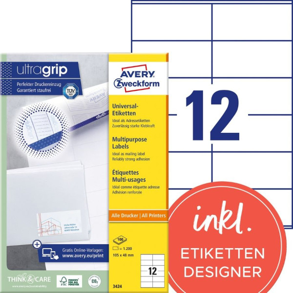 1200 AVERY® Zweckform Universal-Etiketten 3424 weiß 105 x 48 mm