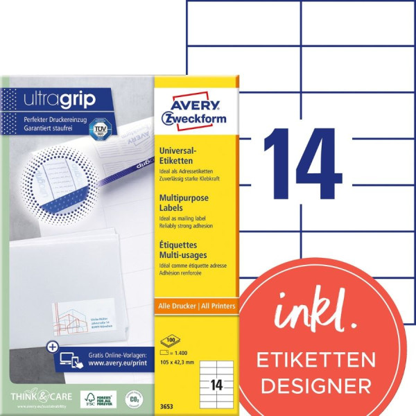 1400 AVERY® Zweckform Universal-Etiketten 3653 weiß 105 x 42,3 mm