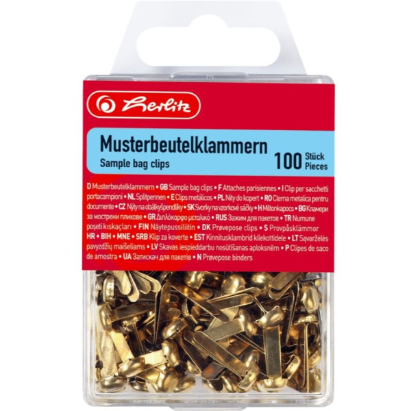 100 herlitz Musterbeutelklammern 8770307 Rundkopf Eisen vermessingt