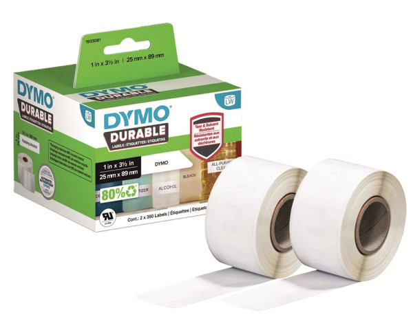 2x DYMO Hochleistungs-Etikettenrollen 1933081 mit je 350 Einzeletiketten 25 x 89 mm weiß