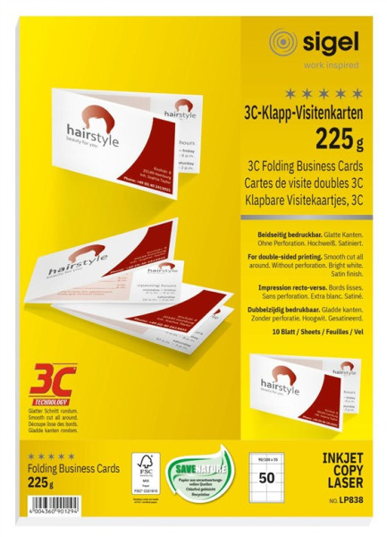 50 sigel Klapp-Visitenkarten LP838 hochweiß 225 g/m² satiniert 90 x 55 mm