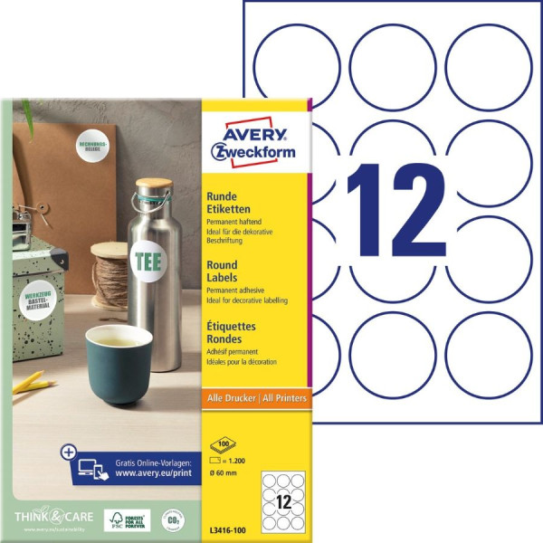 1200 AVERY® Zweckform runde Etiketten L3416-100 weiß Ø 60 mm