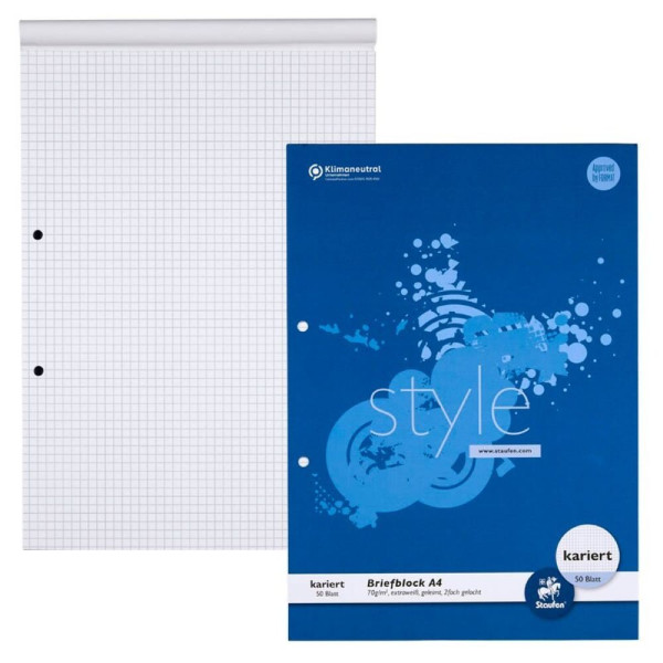 Staufen® Briefblock Style 608743020 DIN A4 kariert 2-fach-Lochung ohne Rand 70 g/m² 50 Blatt