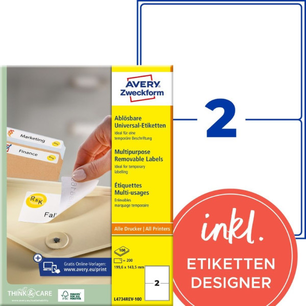 200 AVERY® Zweckform Universal-Etiketten L4734REV-100 weiß 199,6 x 143,5 mm ablösbar
