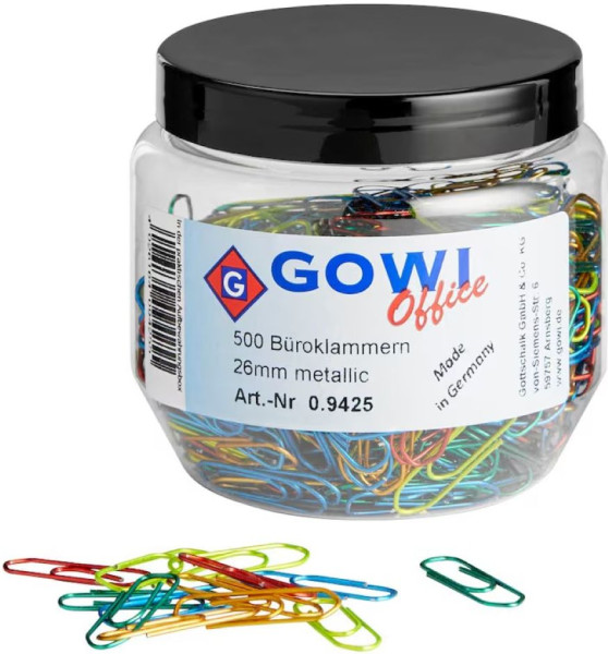 500 Gowi Büroklammern 26 mm farbsortiert metallic lackiert spitze Form