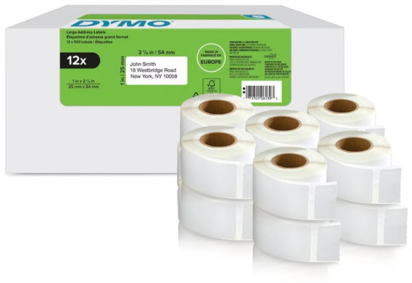 12x DYMO 2177563 Etikettenrollen S0722520 mit je 500 Einzeletiketten 25 x 54 mm weiß