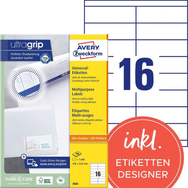 1600 AVERY® Zweckform Universal-Etiketten 3665 weiß 105 x 33,8 mm