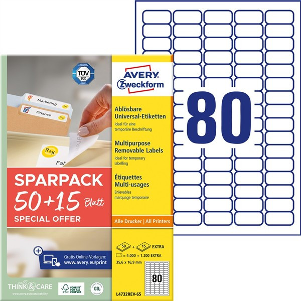 5200 AVERY® Zweckform Universal-Etiketten L4732REV-65 weiß 35,6 x 16,9 mm