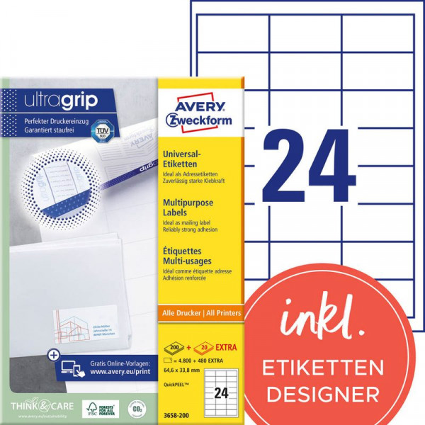 5280 AVERY® Zweckform Universal-Etiketten 3658-200 weiß 64,6 x 33,8 mm