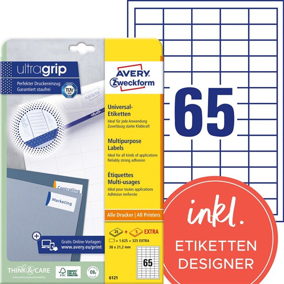 1950 AVERY® Zweckform Universal-Etiketten 6121 weiß 38 x 21,2 mm
