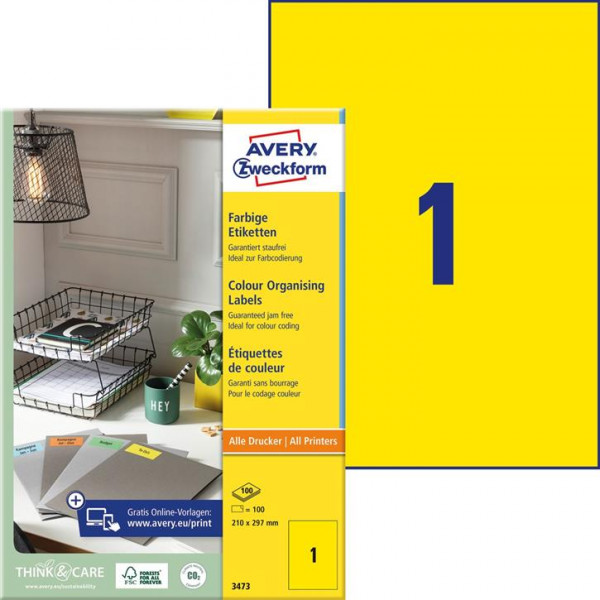 100 AVERY® Zweckform Universal-Etiketten 3472 gelb 210 x 297 mm