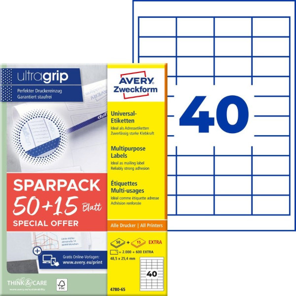 2600 AVERY® Zweckform Universal-Etiketten 4780-65 weiß 48,5 x 25,4 mm