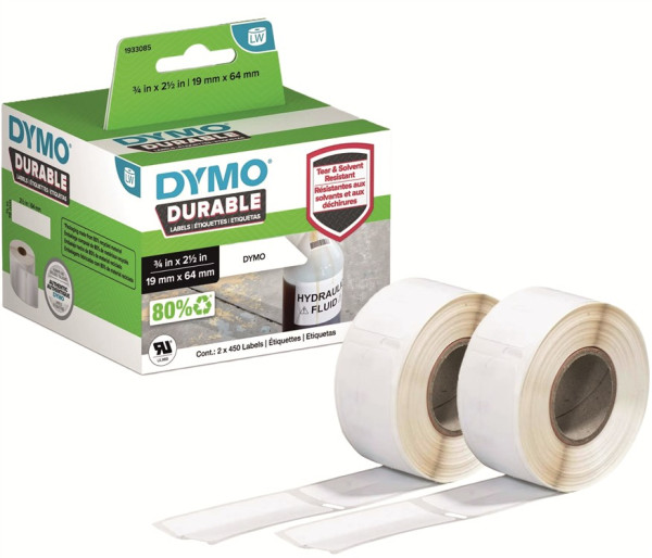 2x DYMO Hochleistungs-Etikettenrollen 1933085 mit je 450 Einzeletiketten 19 x 64 mm weiß