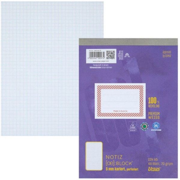 Ursus® Notizblocke OE DIN A5 kariert ungelocht ohne Rand 70 g/m²