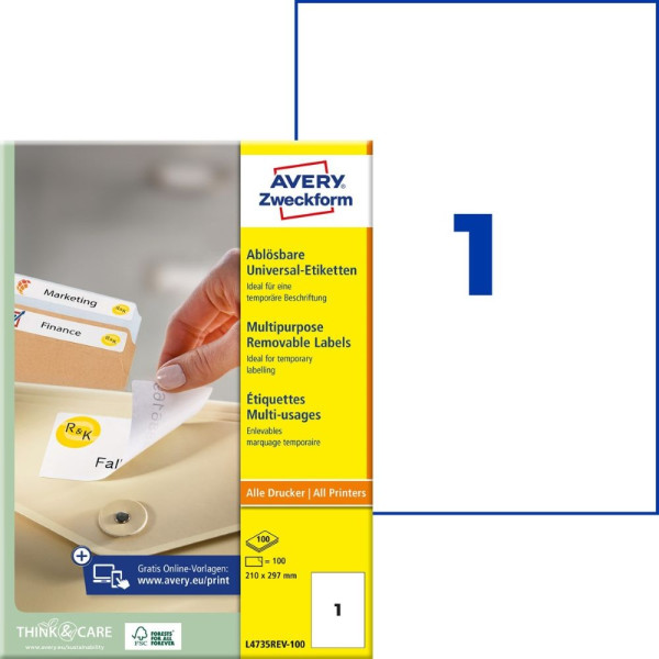 100 AVERY® Zweckform Universal-Etiketten L4735REV-100 weiß 210 x 297 mm ablösbar