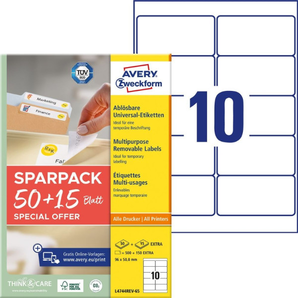 650 AVERY® Zweckform Universal-Etiketten L4744REV-65 weiß 96 x 50,8 mm ablösbar