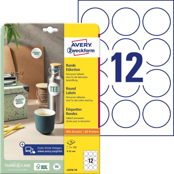 120 AVERY® Zweckform runde Etiketten L3416-10 weiß Ø 60 mm