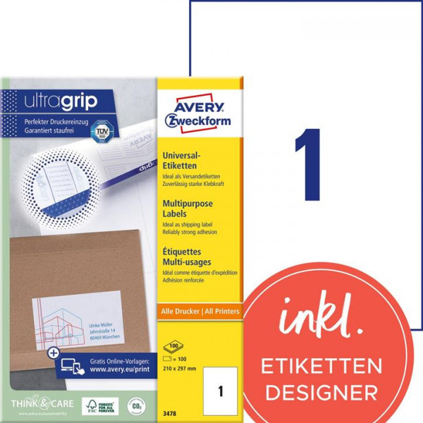 100 AVERY® Zweckform Universal-Etiketten 3478 weiß 210 x 297 mm