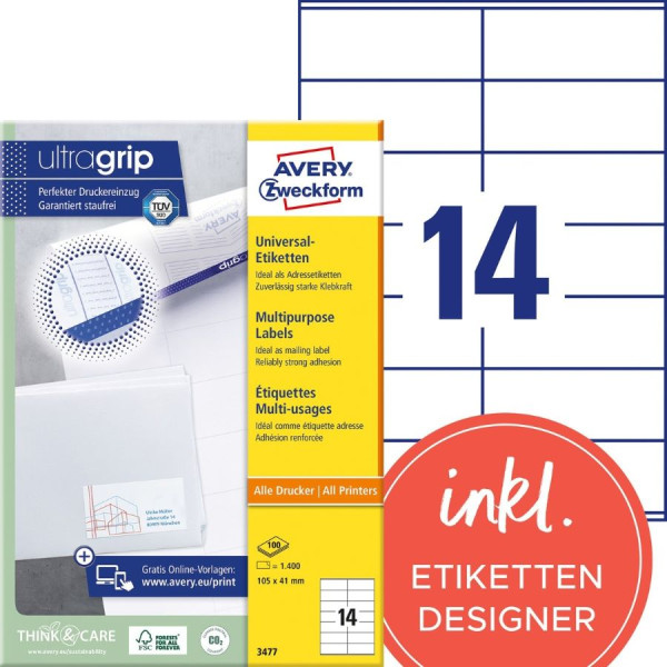 1400 AVERY® Zweckform Universal-Etiketten 3477 weiß 105 x 41 mm
