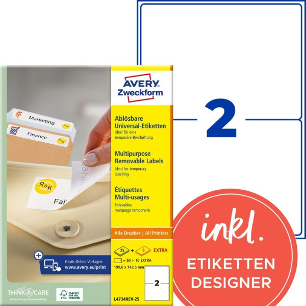 60 AVERY® Zweckform Universal-Etiketten L4734REV-25 weiß 199,6 x 143,5 mm ablösbar
