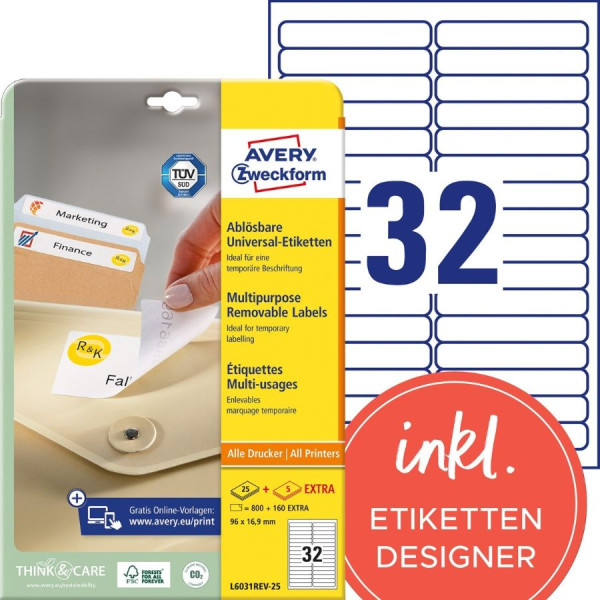 960 AVERY® Zweckform Universal-Etiketten L6031REV-25 weiß 96 x 16,9 mm ablösbar