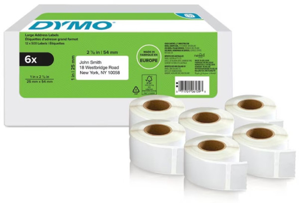 6x DYMO 2177564 Etikettenrollen S0722520 mit je 500 Einzeletiketten 25 x 54 mm weiß