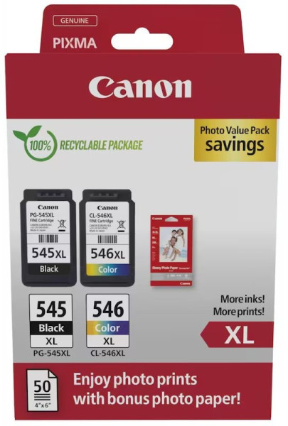 Original Canon PG-545XL / CL-546XL Tintenpatronen-Set 8286B011 + 50 Blatt Fotopapier